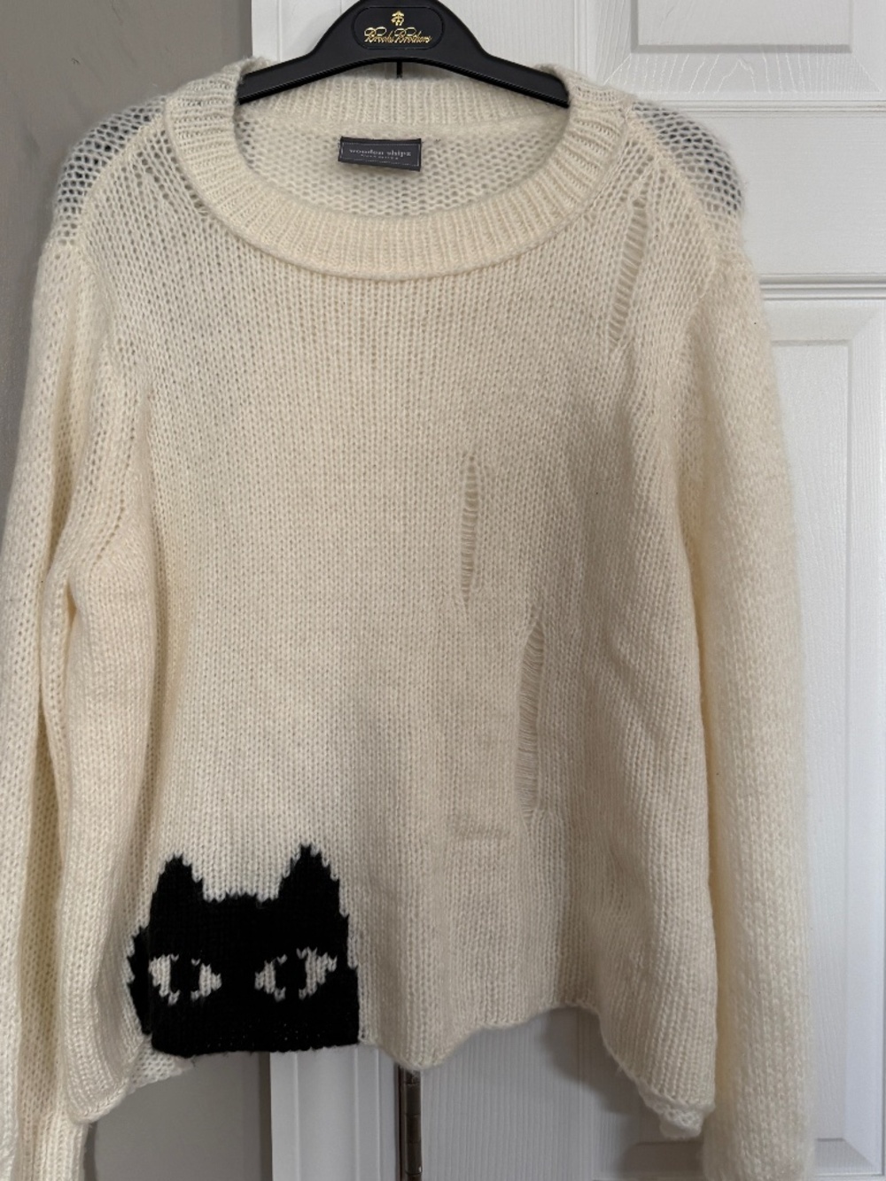 Wooden Ships Black Cat Crew Mohair Wool Sweater Ivory XS